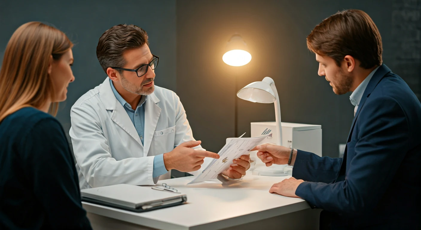 Veterinary ophthalmologist reviewing eye certification report findings with a breeder at a clinic desk