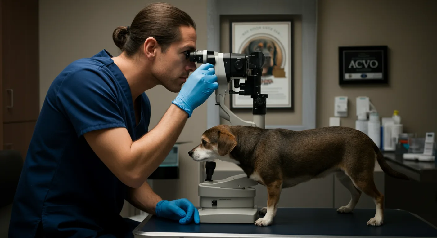 ACVO board-certified veterinary ophthalmologist examining a dog at a specialty clinic