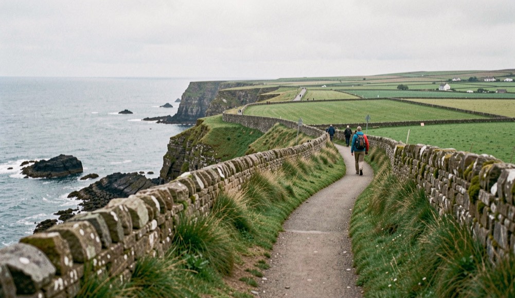 Coastal walking path above cliffs on the north Mayo coast with stone walls and green fields