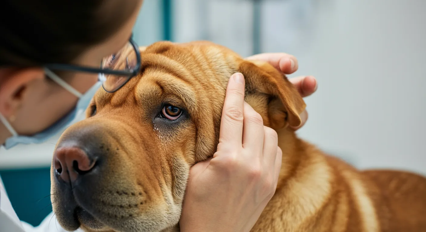 Veterinarian examining dog eyelid structure for entropion during eye certification