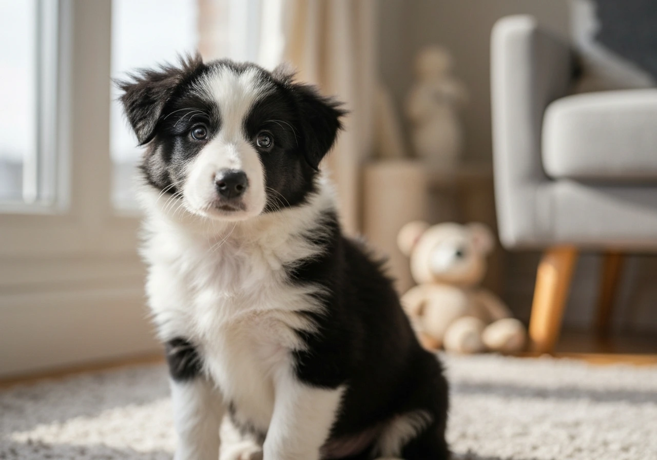 A middle aged Collie standing on a rubber mat in a tiled veterinary room, one hand resting flat on its shoulder, soft overhead light