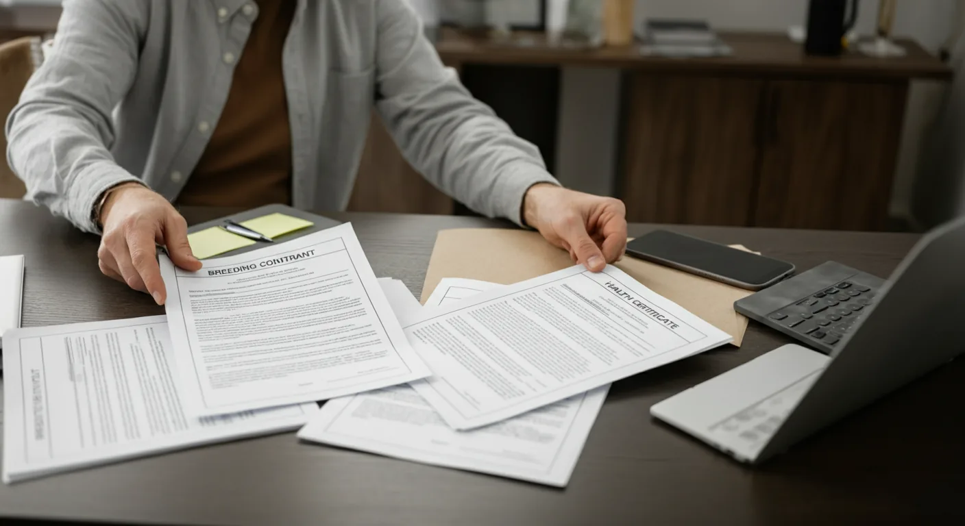 Breeder reviewing eye certification documentation for breeding contract compliance