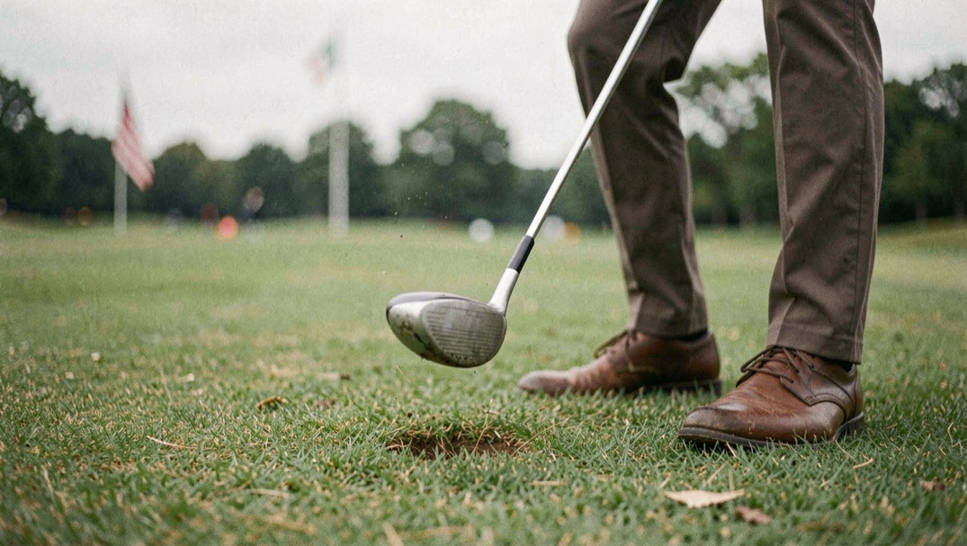 Golfer dropping a golf ball from knee height onto the fairway grass