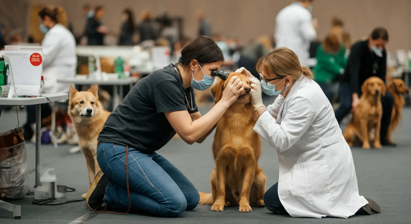 Veterinary ophthalmologist conducting international eye certifications at dog show