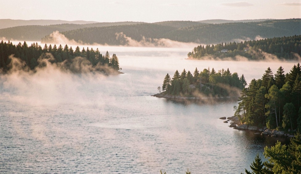 Mist rising over a large island-studded northern Ontario lake at dawn with a spruce treeline