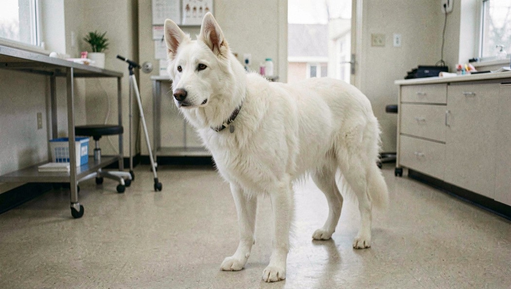 White German Shepherd standing calmly on a veterinary clinic floor during a health examination