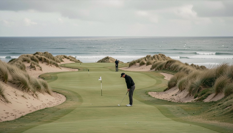 Links golf fairway running through sand dunes above the Atlantic on the west coast of Ireland