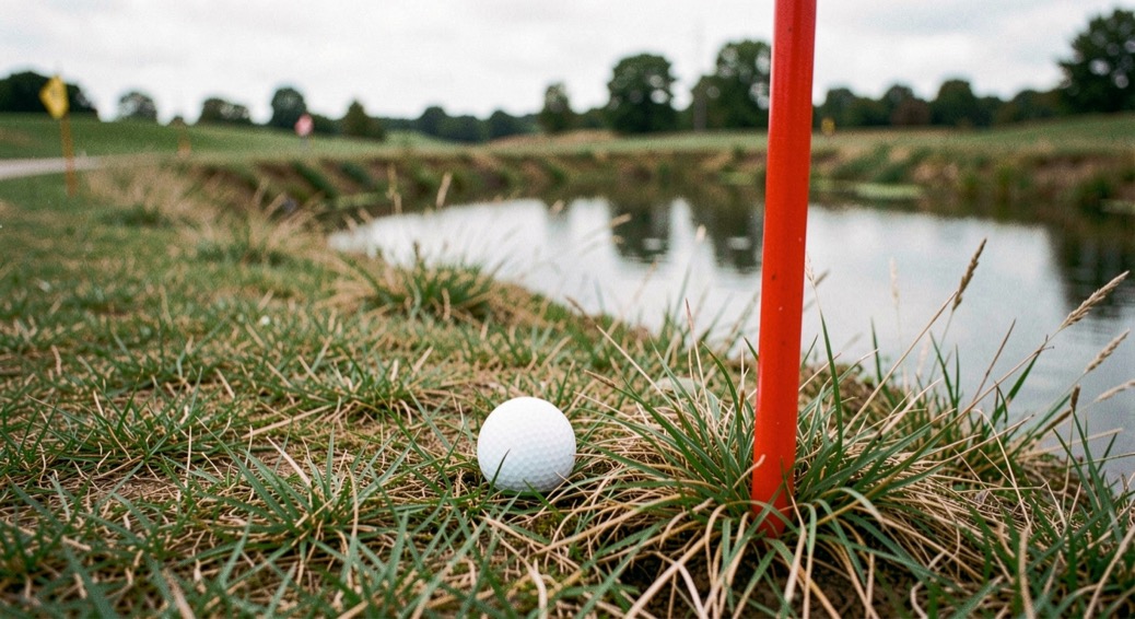 Golf ball resting in rough grass beside a red penalty area stake at the edge of a water hazard