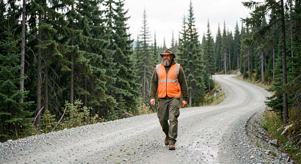Hunter in an orange vest walking a gravel road beside spruce forest in northern Ontario