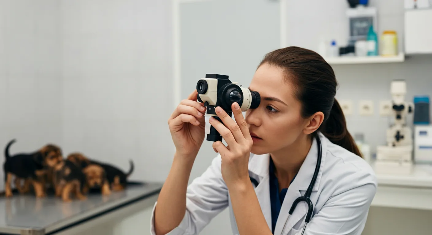 Young puppy receiving first eye screening examination at 8 weeks for early disease detection