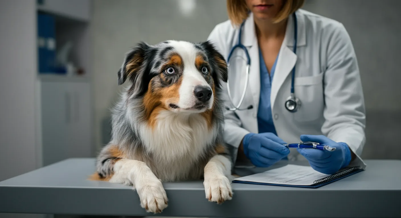 Stud dog undergoing required eye certification examination before breeding