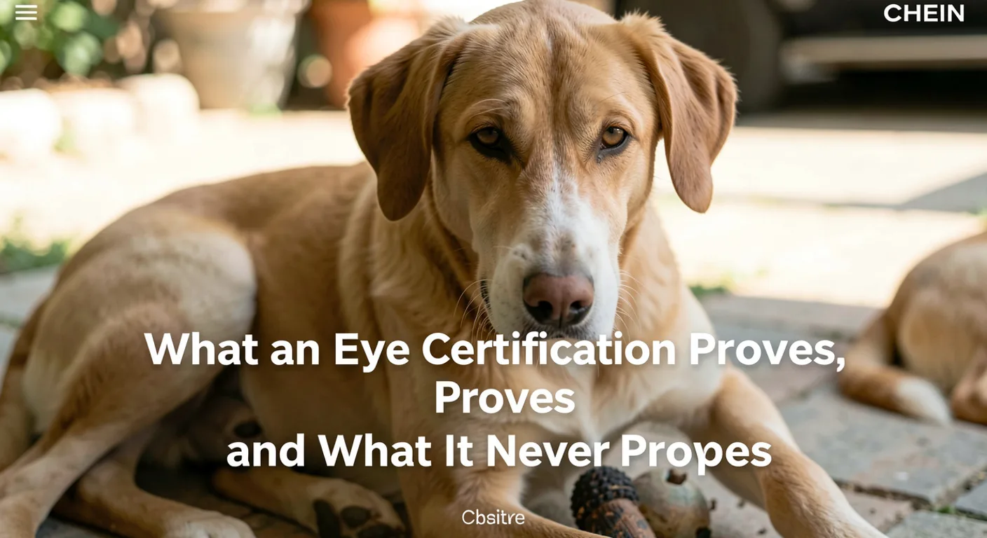 Signed canine eye exam form on a clipboard beside an indirect ophthalmoscope on a clinic counter