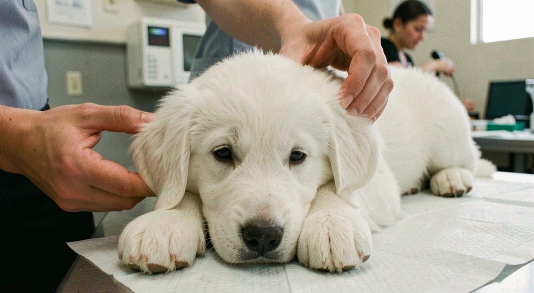 White shepherd puppy resting its head during a hearing check at a veterinary office