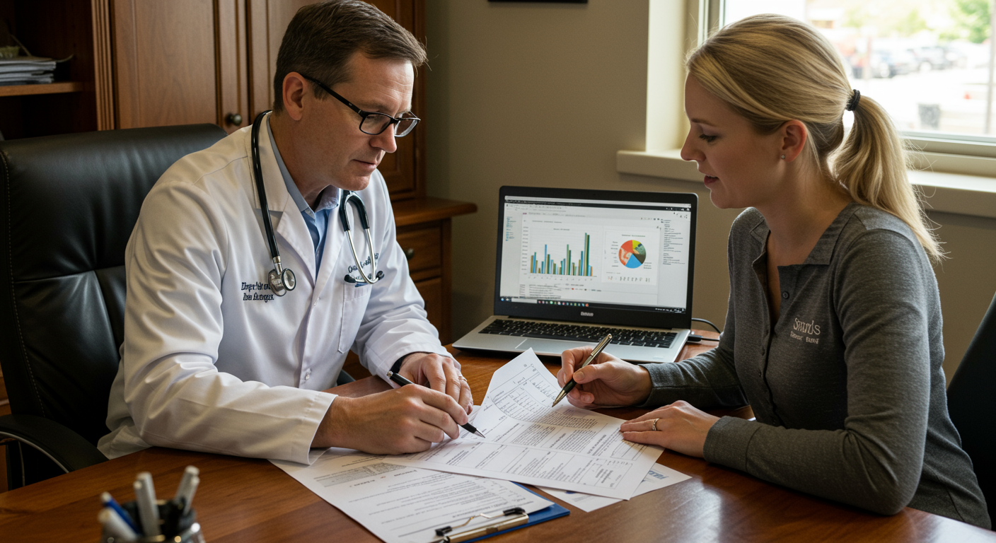 Veterinary ophthalmologist reviewing pedigree documents with a dog breeder during a genetic counseling session