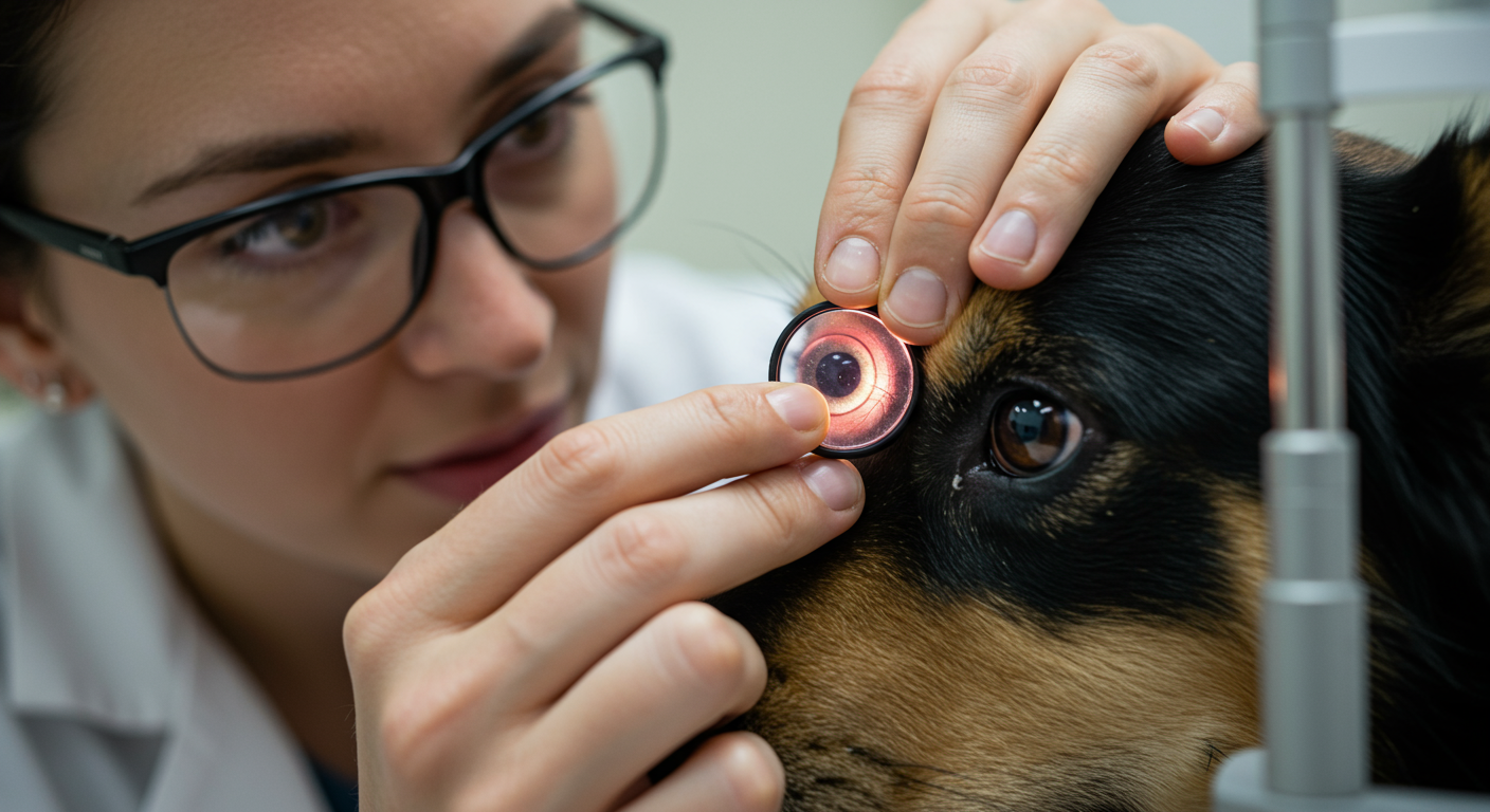 Veterinary ophthalmologist performing gonioscopy with a specialized lens on a dog's eye during certification exam