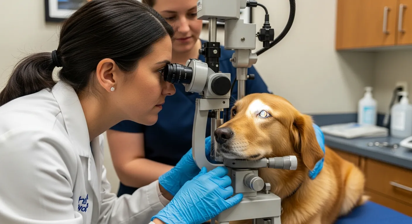 Veterinary ophthalmologist examining a dog's eyes with a slit lamp during a certification exam