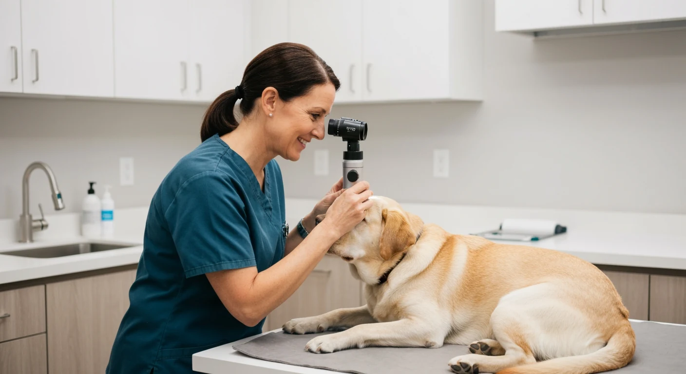 Veterinary ophthalmologist examining a Labrador Retriever's eye with an indirect ophthalmoscope during a certification exam